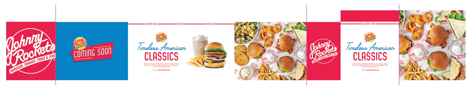 Johnny Rockets brand system with menu boards, packaging, and marketing materials