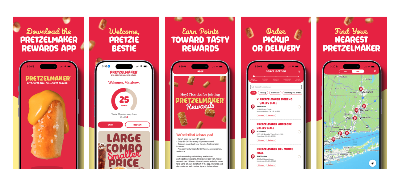 Pretzelmaker mobile rewards app screens