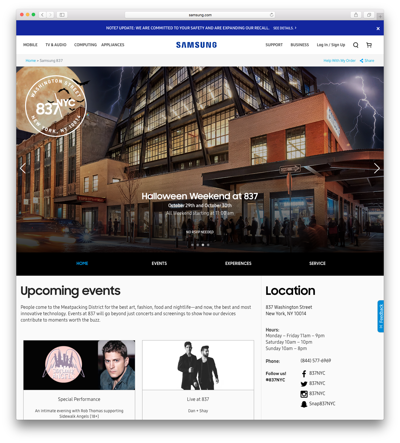 Samsung 837 NYC experiential website homepage