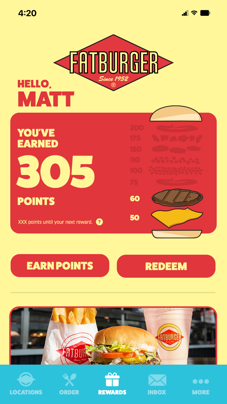 Fatburger rewards points screen