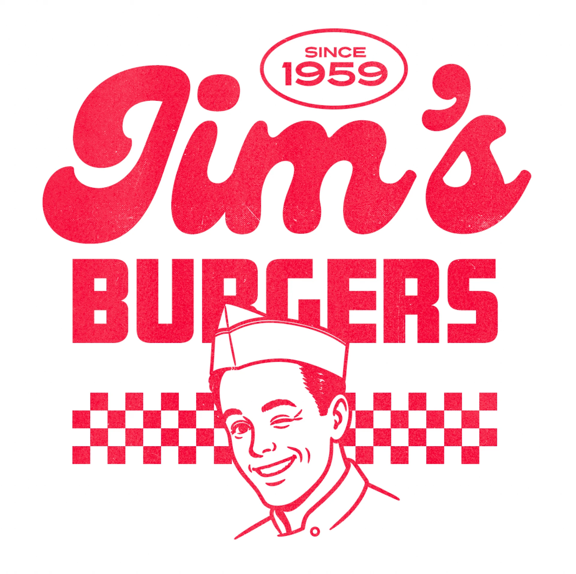 Jim's Burgers vintage logo with checkerboard pattern
