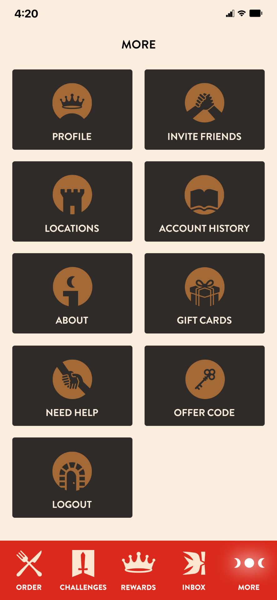 Round Table Pizza app more menu screen