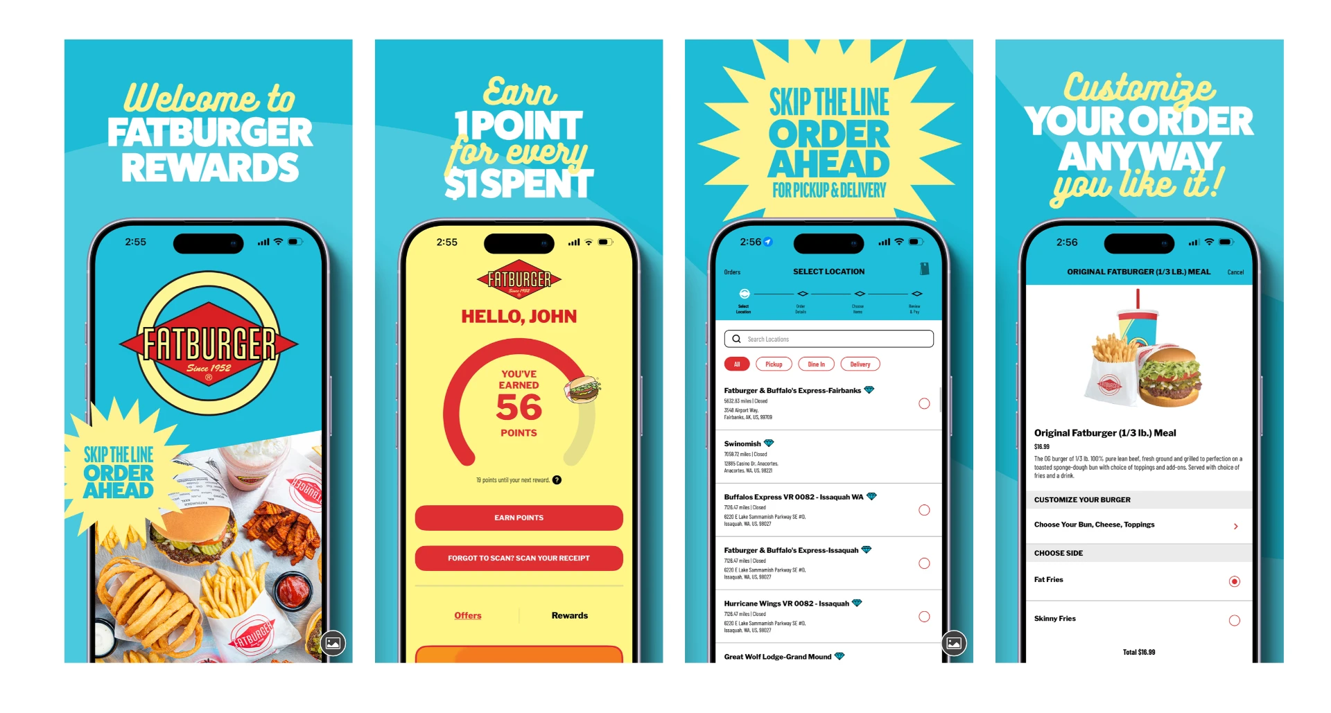 Fatburger mobile rewards app screens