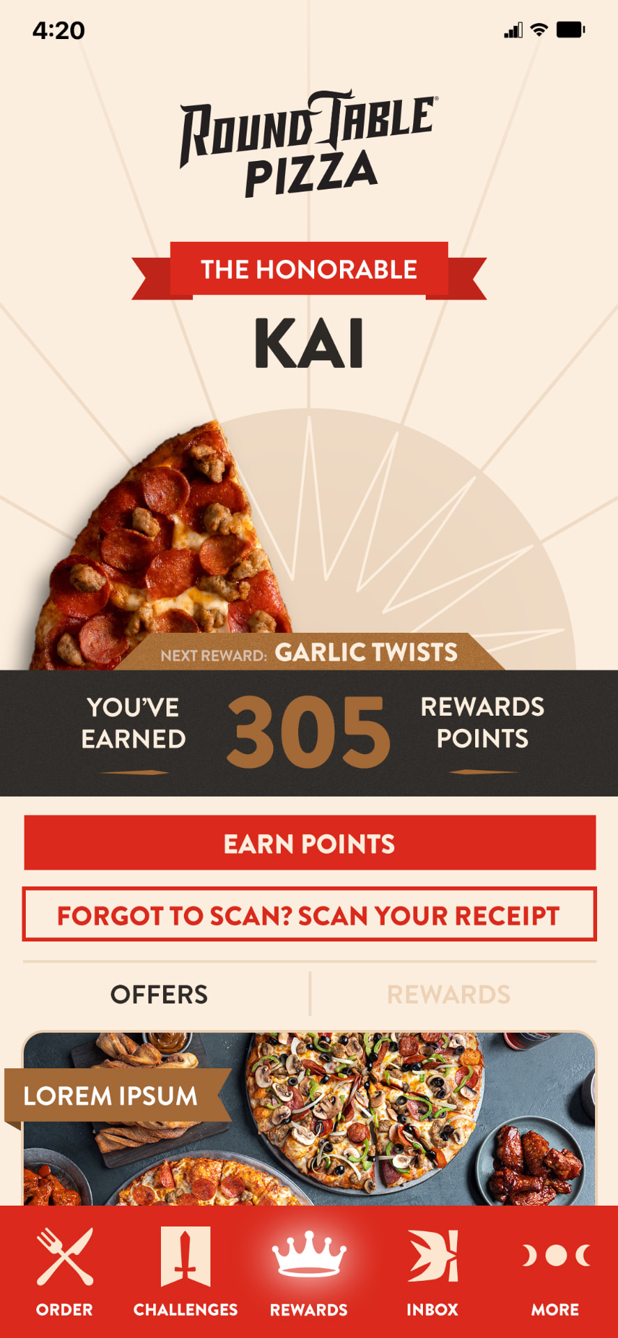 Round Table Pizza app rewards screen
